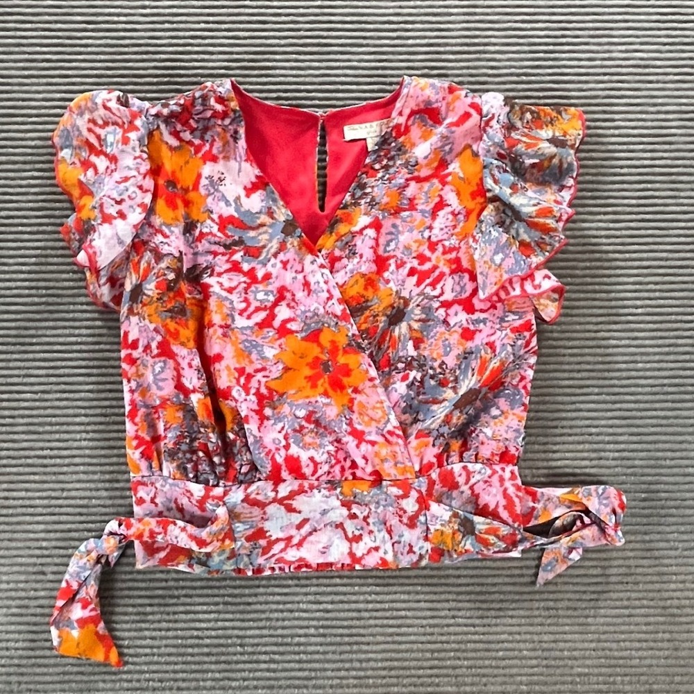 Chelsea & Violet Womens Floral Ruffle Wrap Crop Top Red Orange Sz Large